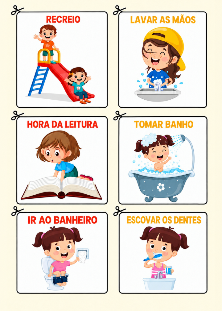 Cartões visuais de rotina para o dia a dia, prontos para recortar