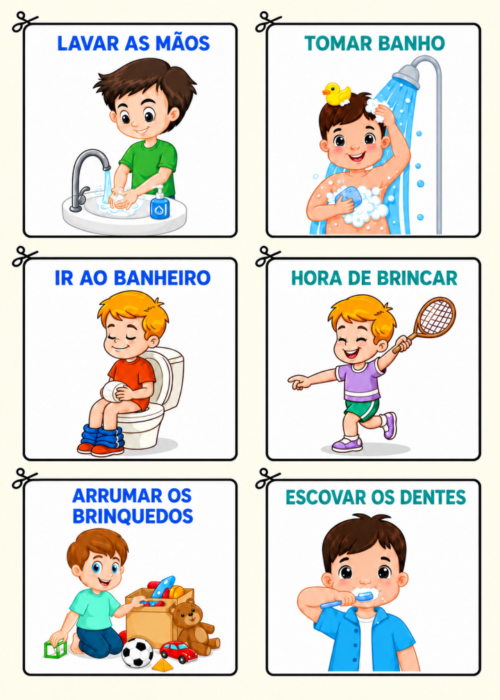 Cartões visuais de rotina: lavar as mãos, tomar banho, ir ao banheiro, hora de brincar, arrumar os brinquedos e escovar os dentes